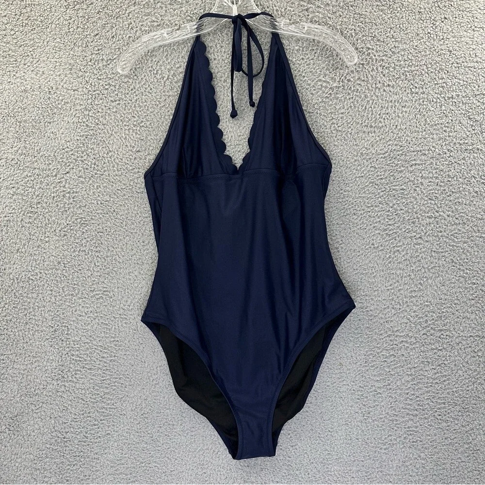 J. Crew Scalloped Plunge V Neck One Piece Swimsuit Travel Beach Women's Large